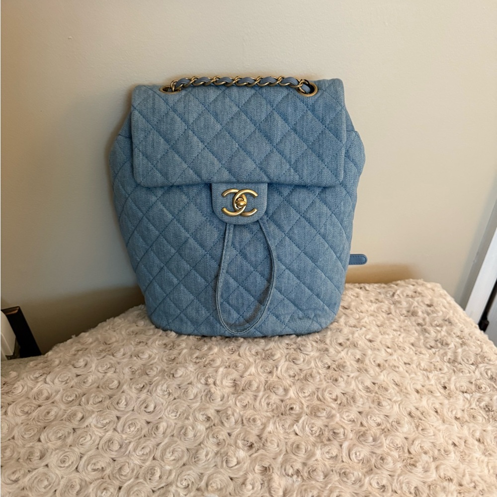 CHANEL Light Blue Quilted Backpack